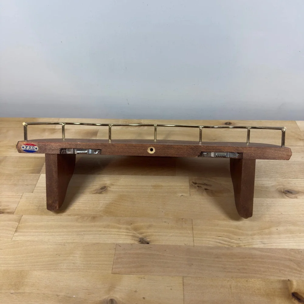 Vintage Dark Wood Wall Shelf with Brass Gallery Rail Plate Groove USA Made 16in
